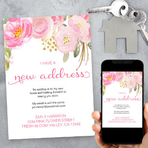 Faire-part Jolie annonce de nouveau domicile rose et or à mot