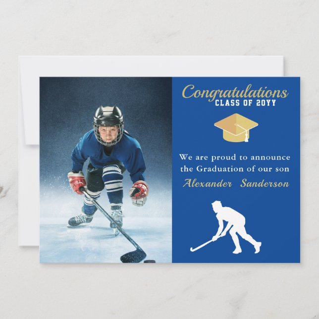 Faire-part Joueur de hockey Classe bleue de graduation photo  (Devant)