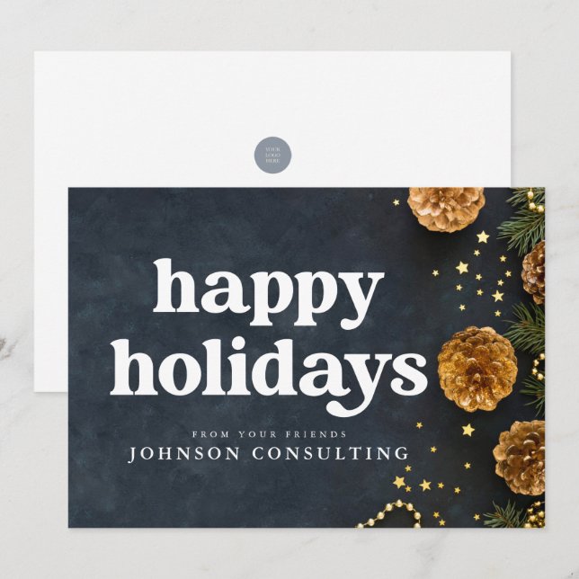 Faire-part Joyeuses Vacances Étoiles modernes et cônes de pin (Devant / Derrière)