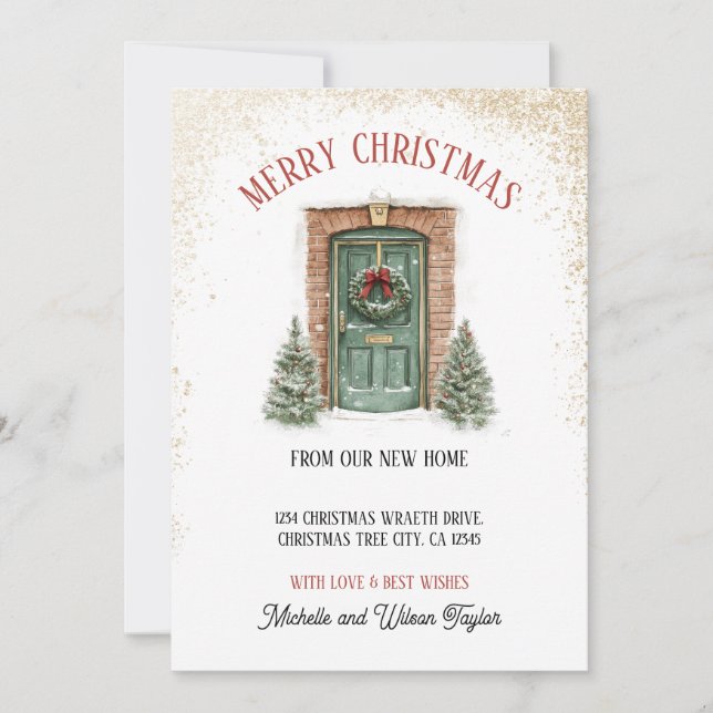 Faire-part Joyeux Noël de la nouvelle maison porte couronne (Devant)