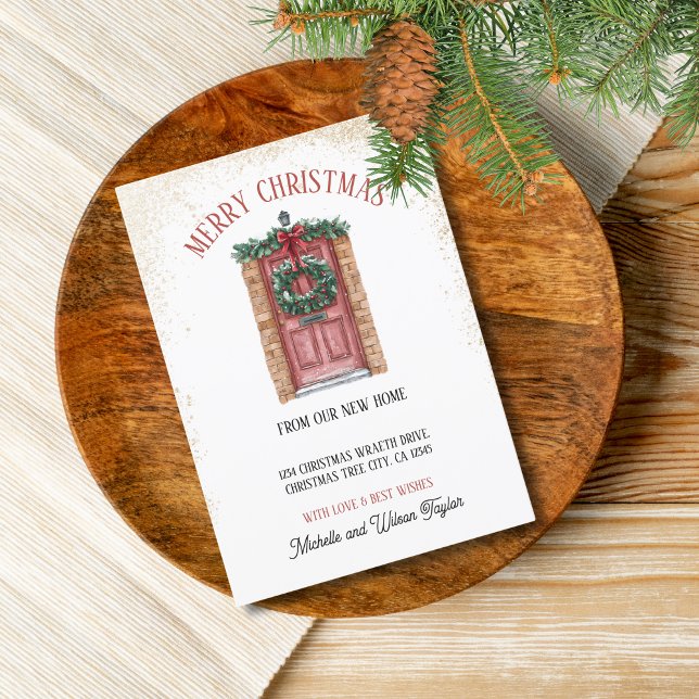 Faire-part Joyeux Noël de la nouvelle maison porte couronne (christmas tree wreath on the red door)