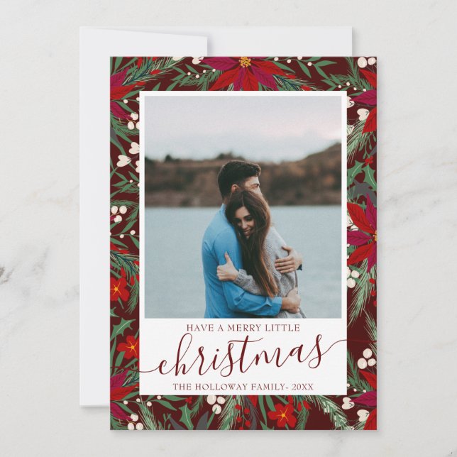 Faire-part Joyeux Noël floral rouge vert photo couple (Devant)