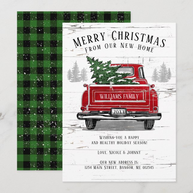 Faire-part Joyeux Noël Vintage Camion rouge Plaid Moving (Devant / Derrière)