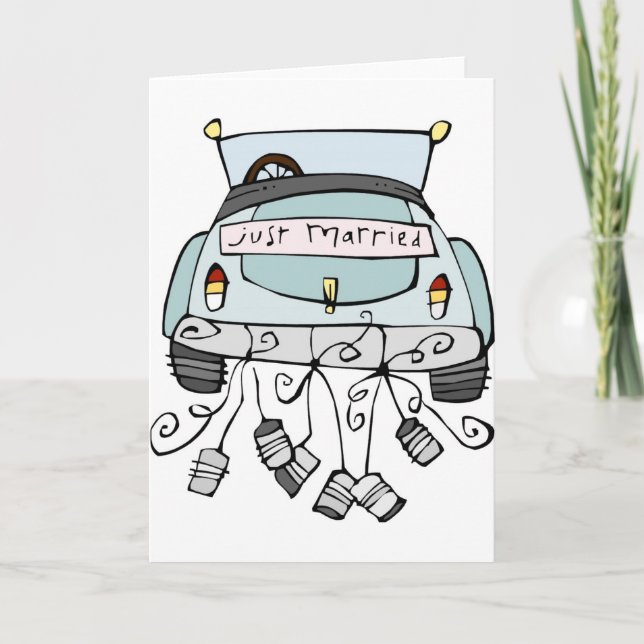 Faire-part Juste une voiture mariée traînant des boîtes (Devant)