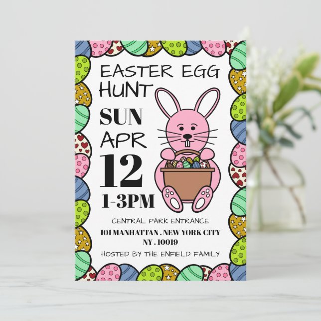 Faire-part Lapin Pâques Rose, Chasse Aux Oeufs Pâques (Debout devant)