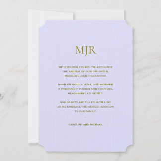 Faire-part Lavande Initiales Fille Naissance