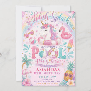 Faire-part Licorne Flotte Splash Piscine Fille ann