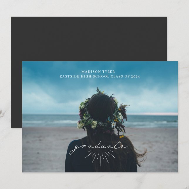 Faire-part Ligne Art blanc Graduation Script photo horizontal (Devant / Derrière)