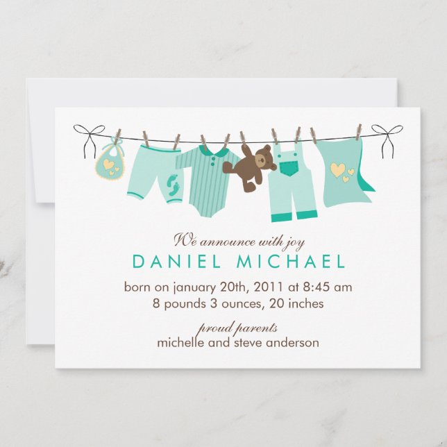 Faire-part Ligne de linge de bébé vert Nouveau bébé (Devant)