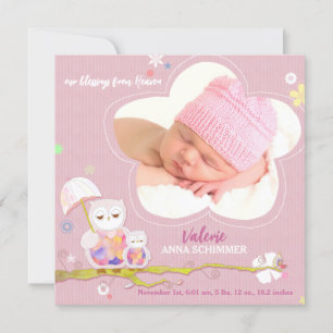 Faire-part Lil Owls Pink Baby Girl Photo Naissance