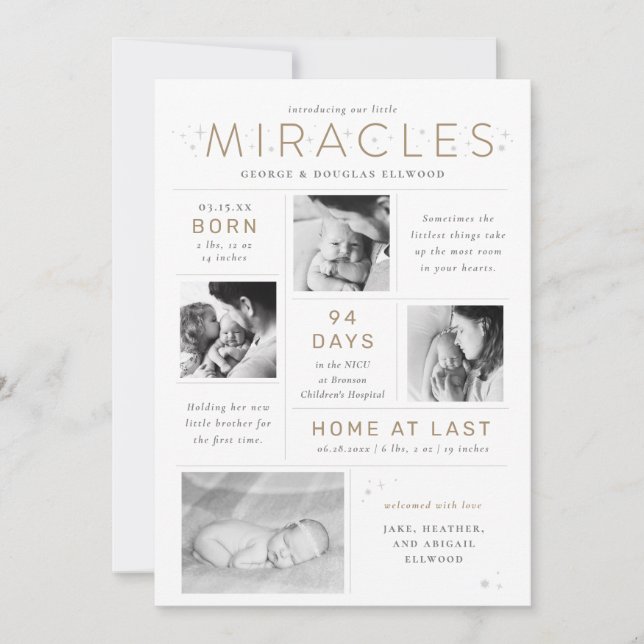 Faire-part Little Miracles Twin Preemie NICU Infographie (Devant)