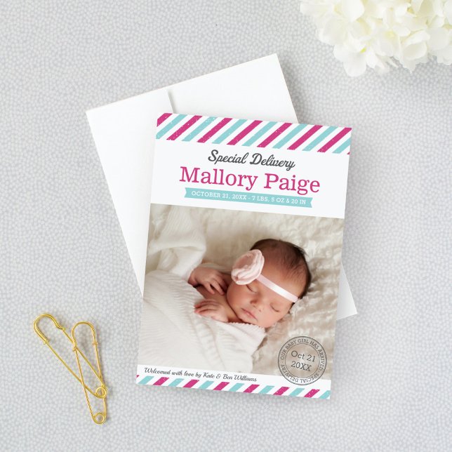 Faire-part Livraison spéciale Bébé fille Aqua Pink Photo Nais (Créateur téléchargé)