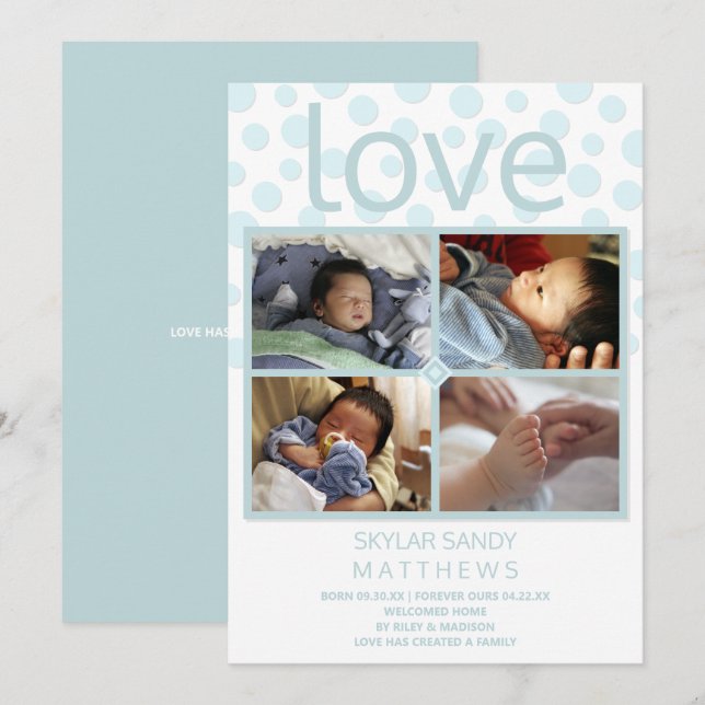 Faire-part Love Blue Polka Dot 4 Photo Baby Adoption (Devant / Derrière)