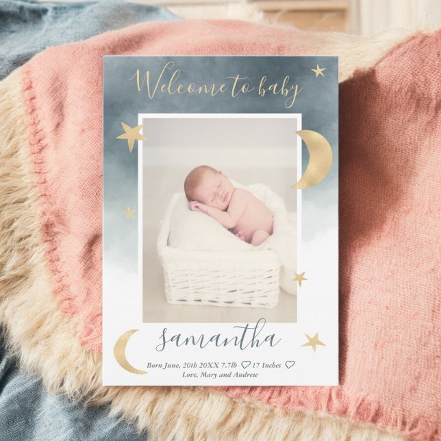 Faire-part Lune d'or étoiles eau bleue photo bébé naissance (Gold moon stars blue watercolor photo baby birth announcement)