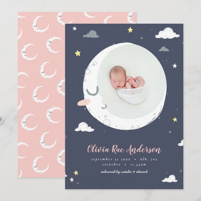 Faire-part Lune, étoile et nuage mignon photo naissance (Devant / Derrière)
