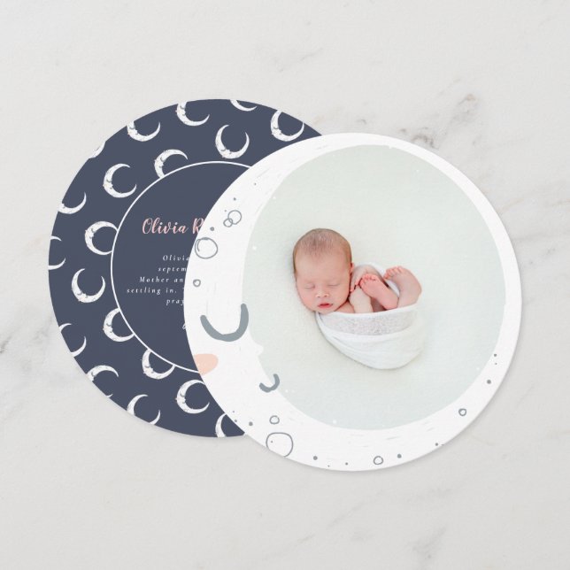 Faire-part Lune étoile mignonne rose girly marine photo naiss (Devant / Derrière)