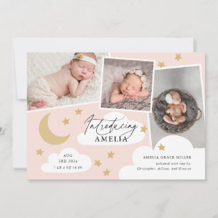 Faire-part Lune Étoiles Nuages 3 Photo Collage Rose Naissance