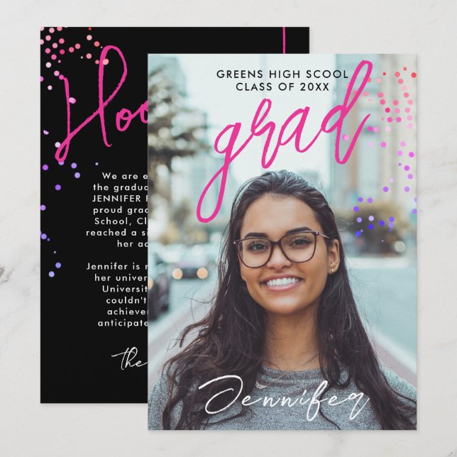 Faire-part Lycée moderne Noir Rose Confetti Graduation (Devant / Derrière)