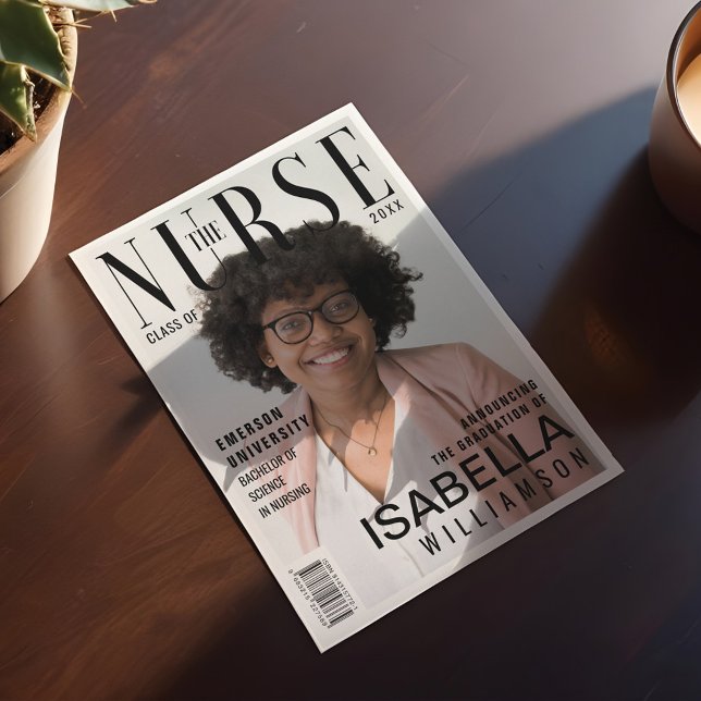 Faire-part Magazine photo pour les diplômés de l'école de soi (Trendy Nursing School Graduate Photo Magazine Announcement)