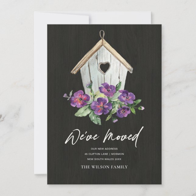 FAIRE-PART MAISON D'OISEAUX EN BOIS NOIR DÉPLAÇANT UNE NOUVEL (Devant)