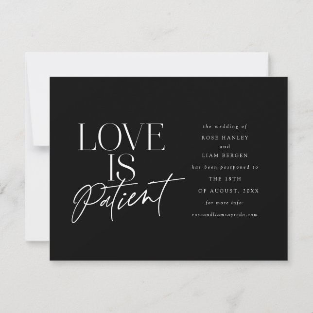 Faire-part Mariage Amour Script Noir Blanc Changement de Date (Devant)
