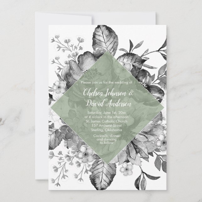 Faire-part Mariage aquarelle noir blanc vert floral (Devant)