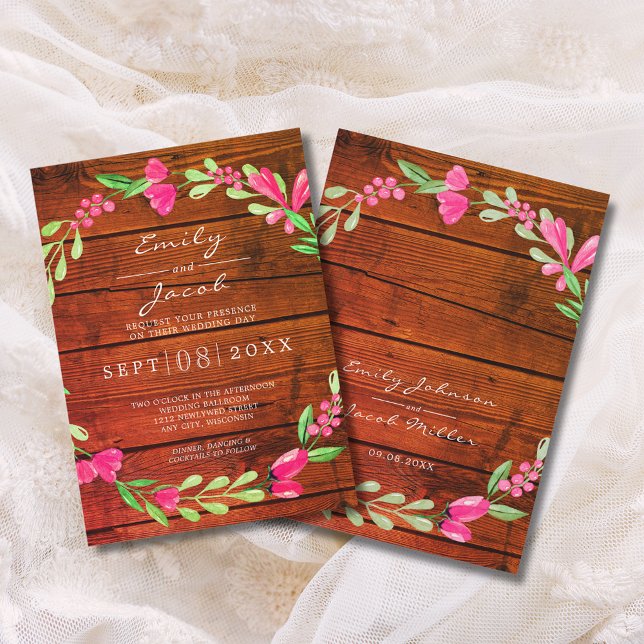 Faire-part Mariage champêtre en bois rustique avec fleurs ros (Pink Floral Red Brown Rustic Wood Country Wedding Announcement)