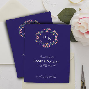 Faire-part Mariage de cadre floral complexe bleu monogramme