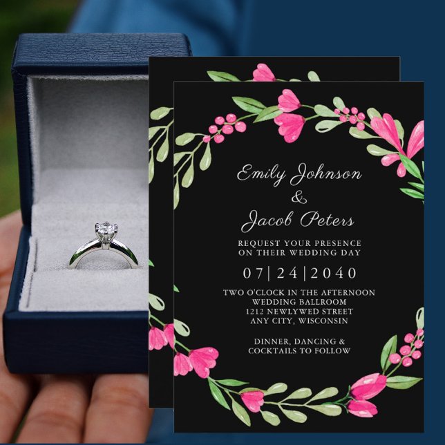 Faire-part Mariage Élégance Florale Verte Rose sur Fond Noir (Créateur téléchargé)