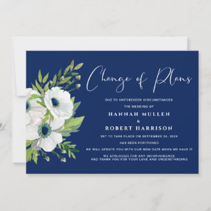 Faire-part Mariage Élégant Blanc Floral Bleu Nuit Reporté