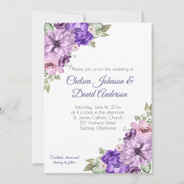 Faire-part Mariage floral ultra violet rose pourpre verdure (Devant)