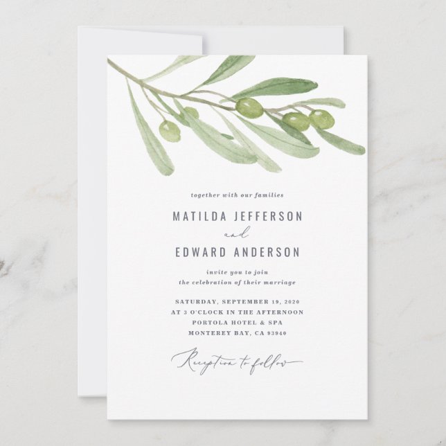 Faire-part Mariage minimaliste moderne branche d'olive sauge (Devant)