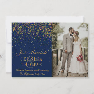 Faire-part Mariage photo bleu marine et confettis or glamour