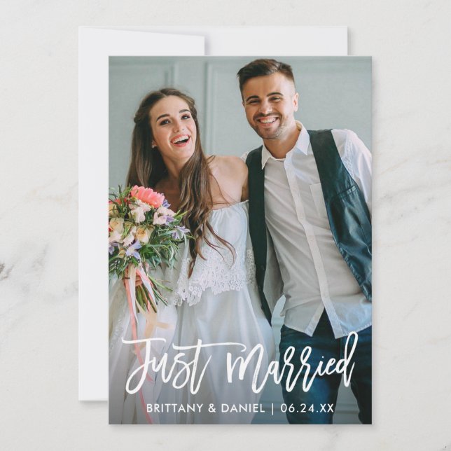 Faire-part Mariage Photo Juste Marié Brush Script Moderne (Devant)
