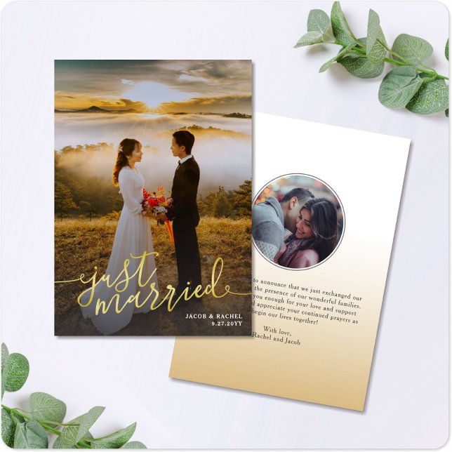 Faire-part Mariage photo juste marié Gold Script superpositio (Créateur téléchargé)
