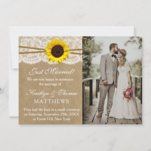 Faire-part Mariage photo Mariage Kraft, dentelle et tournesol