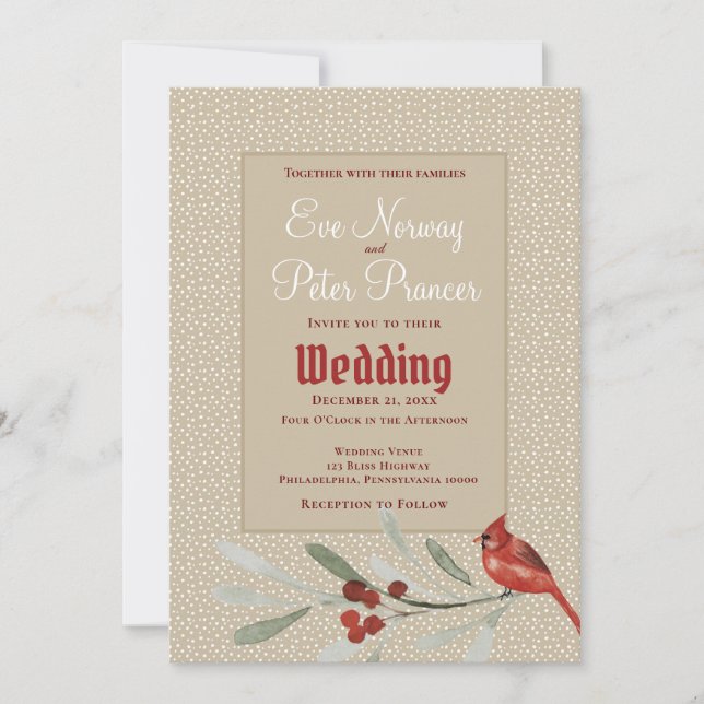 Faire-part Mariage simple d'hiver avec cardinal et verts (Devant)