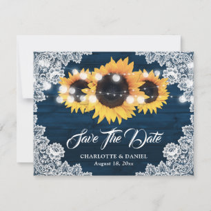 Faire-part Mariage Tournesol Bois Burlap Dentelle Bleu Marine
