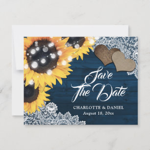 Faire-part Mariage Tournesol Bois Dentelle Bleu Marine