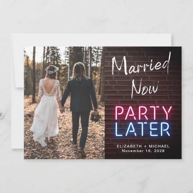 Faire-part Mariés Maintenant, Fête Plus Tard Enseigne au Néon (Devant)
