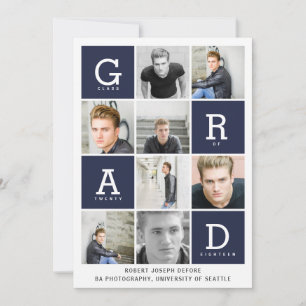 Faire-part Marine bleu moderne photo collage de graduation