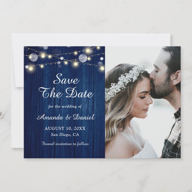 Faire-part Marine Bleu Rustique Bois Lumières Mariage Enregis (Devant)