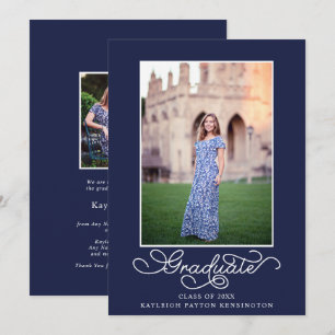 Faire-part Marine Blue Elegant Typographie Graduation Photo