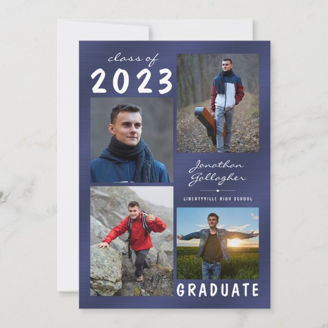 Faire-part Marine Blue Metallic 5 Photo Collage Graduation (Devant)