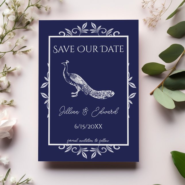 Faire-part Marine Peacock Fleurit Économisez La Date Annonce (Navy Blue Peacock Flourish Save the Date)