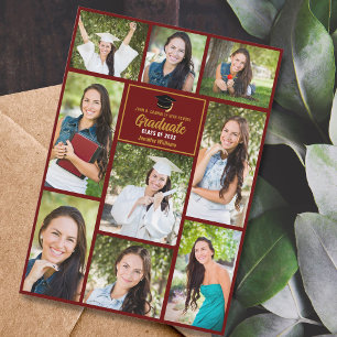 Faire-part Maroon Gold Graduate Photo Collage Chic Graduate
