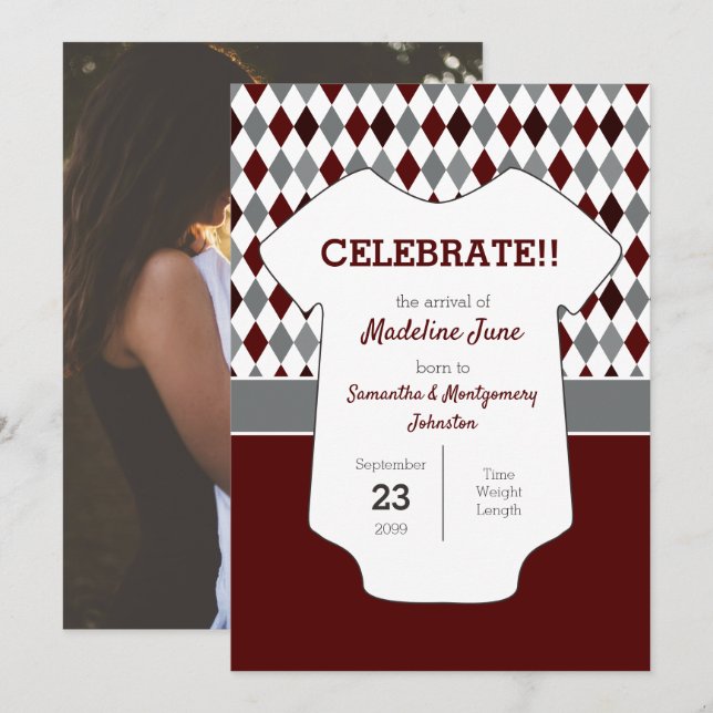 Faire-part Maroon & Grey Jacquard Motif bébé photo (Devant / Derrière)