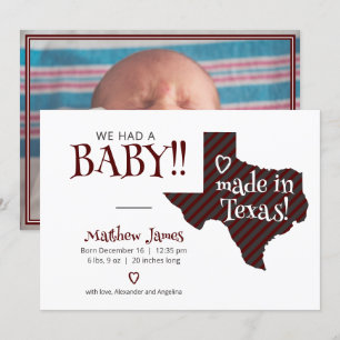 Faire-part Maroon striped Fabriqué au Texas Photo Baby