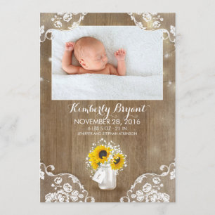 Faire-part Mason Jar Sunflowers Rustic Baby Birth Photo