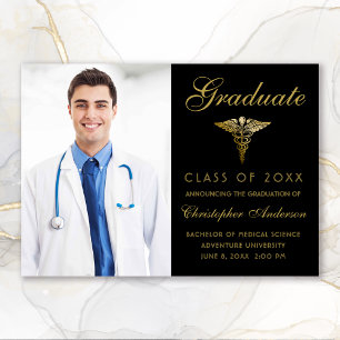 Faire-part Médicale Black Gold Caduceus Photo Graduation
